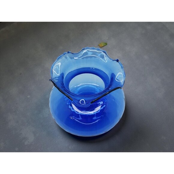 Vintage Cobalt Blue Ruffle Edge Top Globe Style Vase - Picture 3 of 13